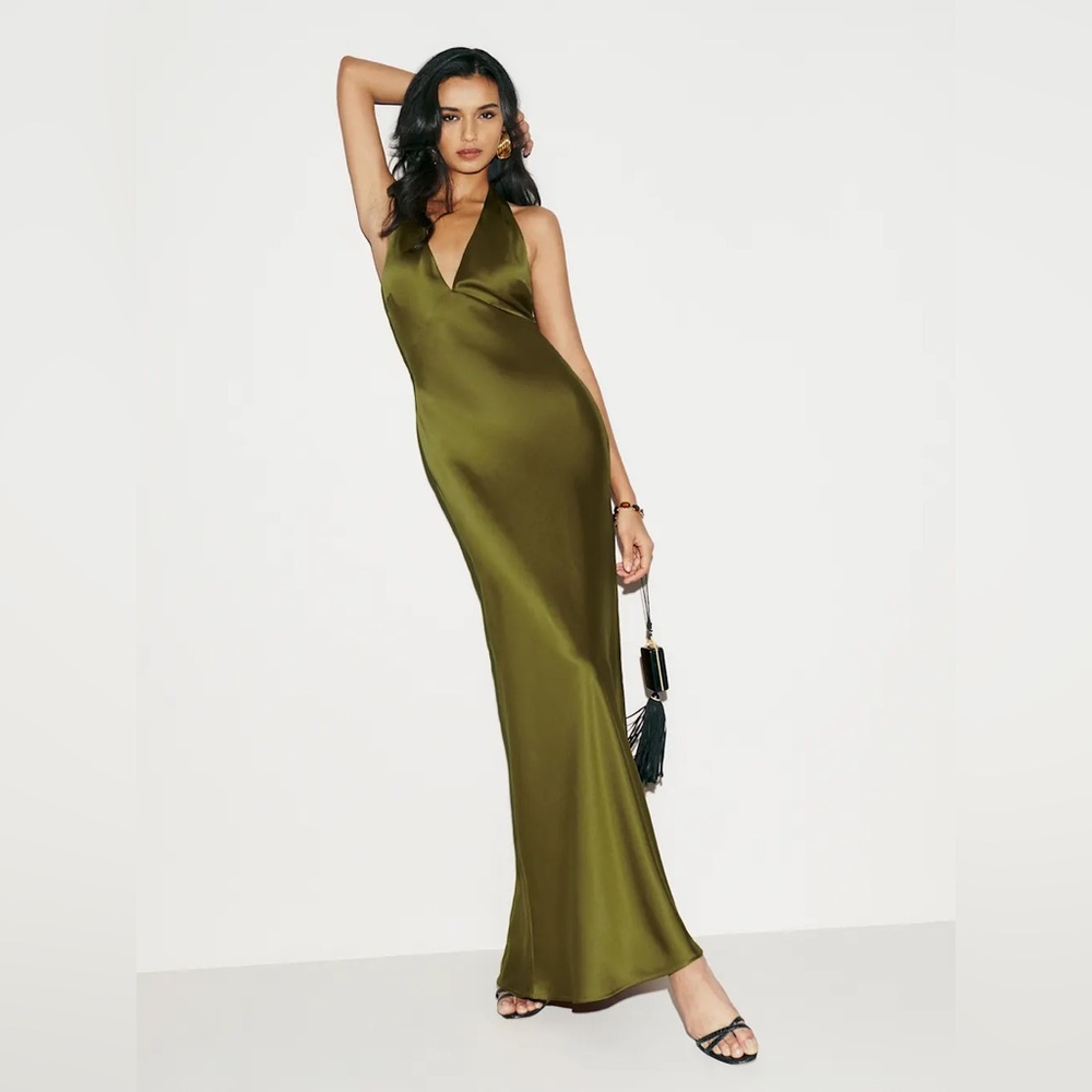 Reformation Pear/Olive Green Silk Dress